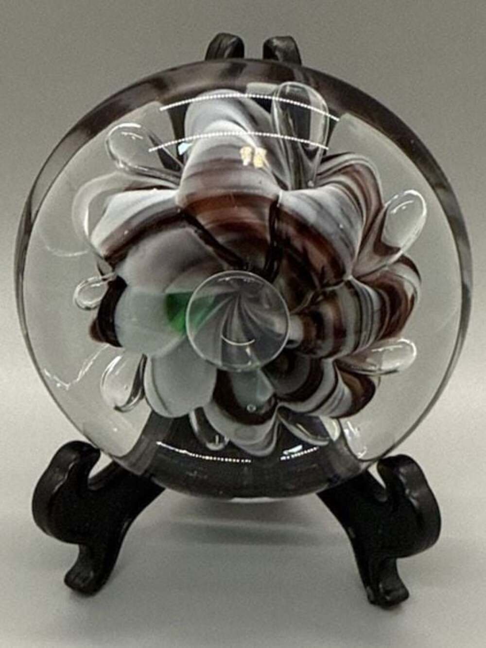 Kent Helms 3” Blown Glass Paperweight Brown White Green Flower 82 Vtg
